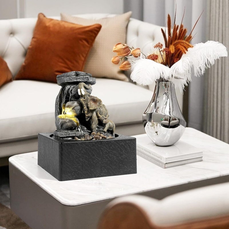 BEAMNOVA Tabletop Fountain,3 Tiered Elephant & Baby Elephant Indoor Fountains,with LED Light Water Feature for Home Office Décor - Image 5